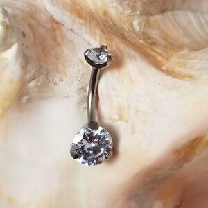 14G G23 Titanium internally threaded belly ring w Clear Round CZ prong set gems